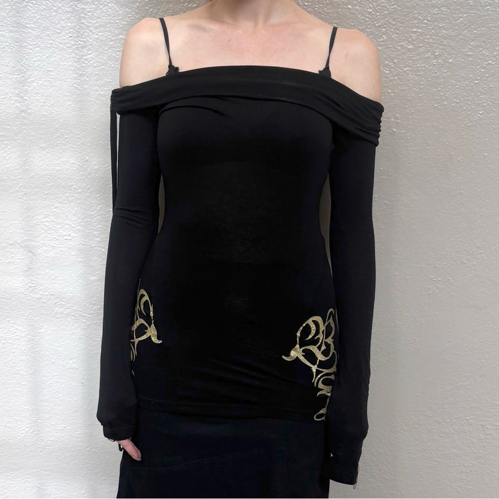 Badee Black Off-Shoulder Dress with Gold Accents